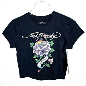Ed Hardy Floral Cropped Baby Tee T-shirt Black NWT